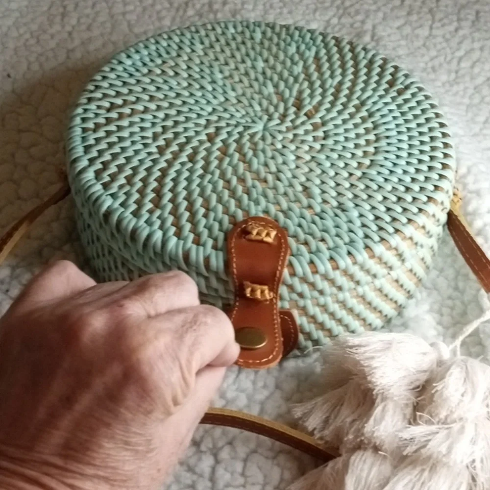 Round woven wicker purse with leather crossbody.  Check out pics!  NWT